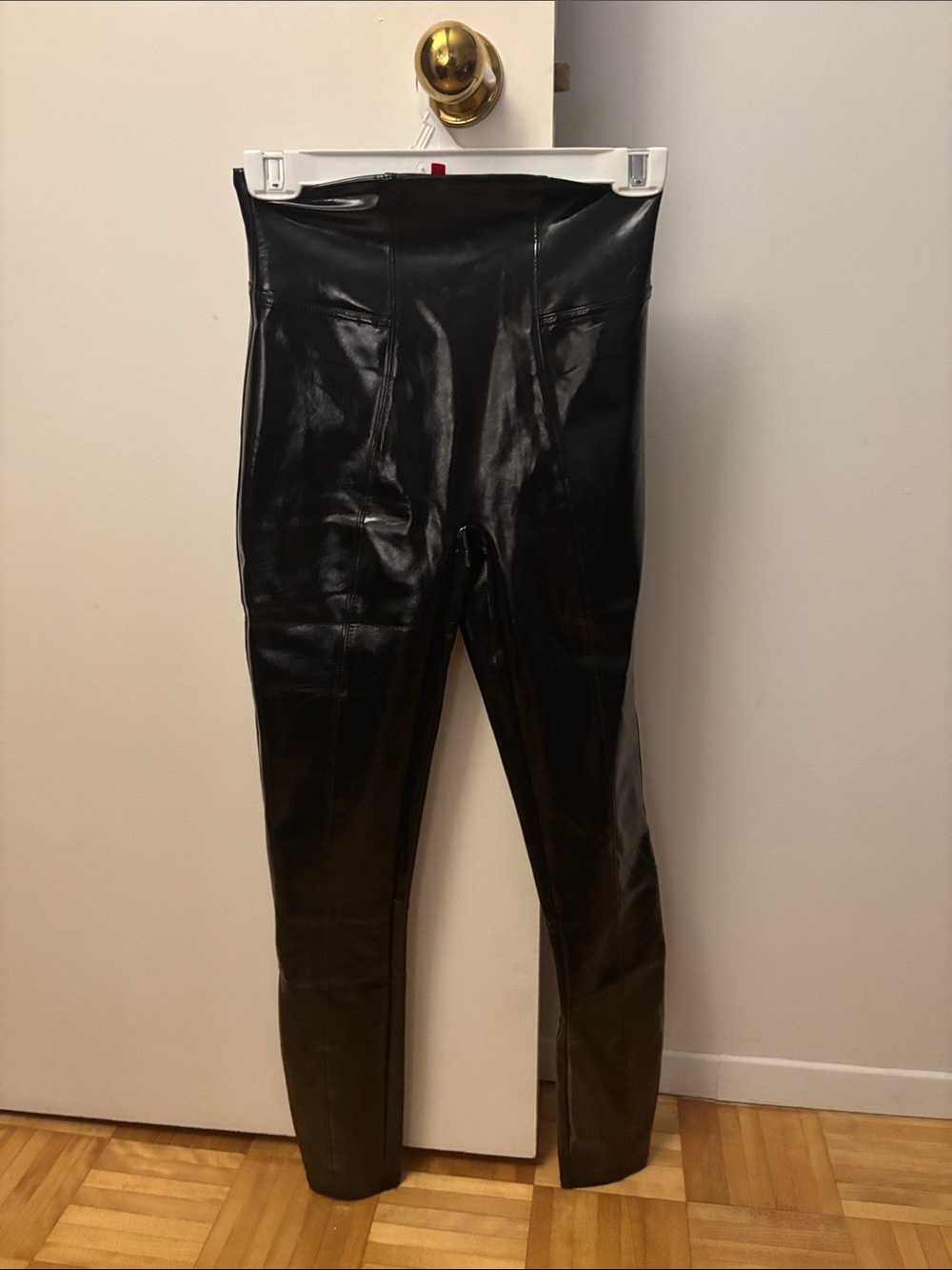 SPANX Black Faux Leather Leggings with Red Tag